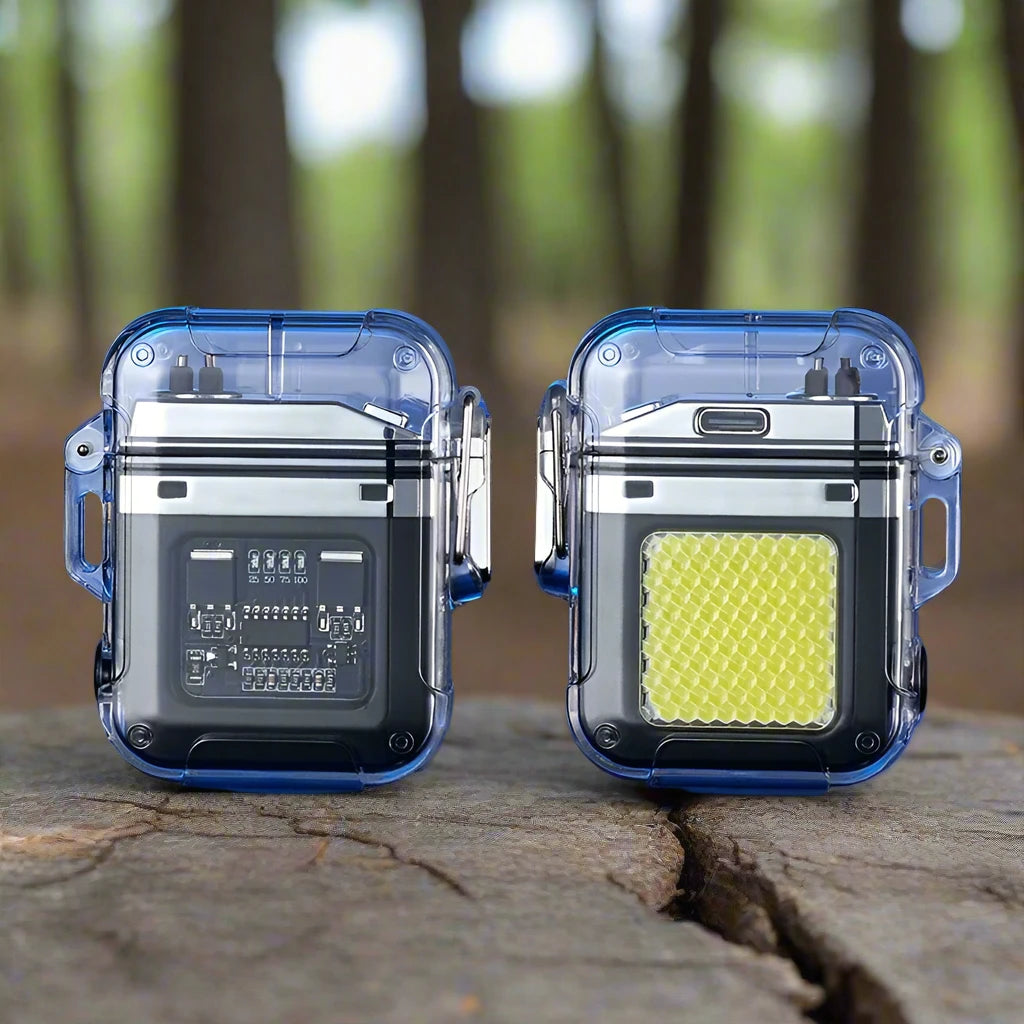 Waterproof and windproof camping lighter with a built-in flashlight, perfect for outdoor adventures and reliable in any weather conditions.